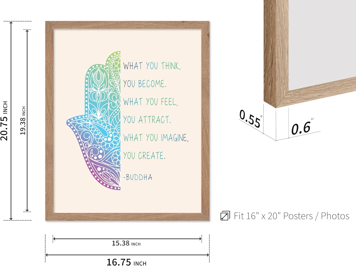 Poster Master You Become What You Think Poster - Buddha Print - Motivational Art - Encouraging Quotes Art - Gift for Men & Women - Inspiring Decor for Living Room or Bedroom, 16x20 Beige Framed