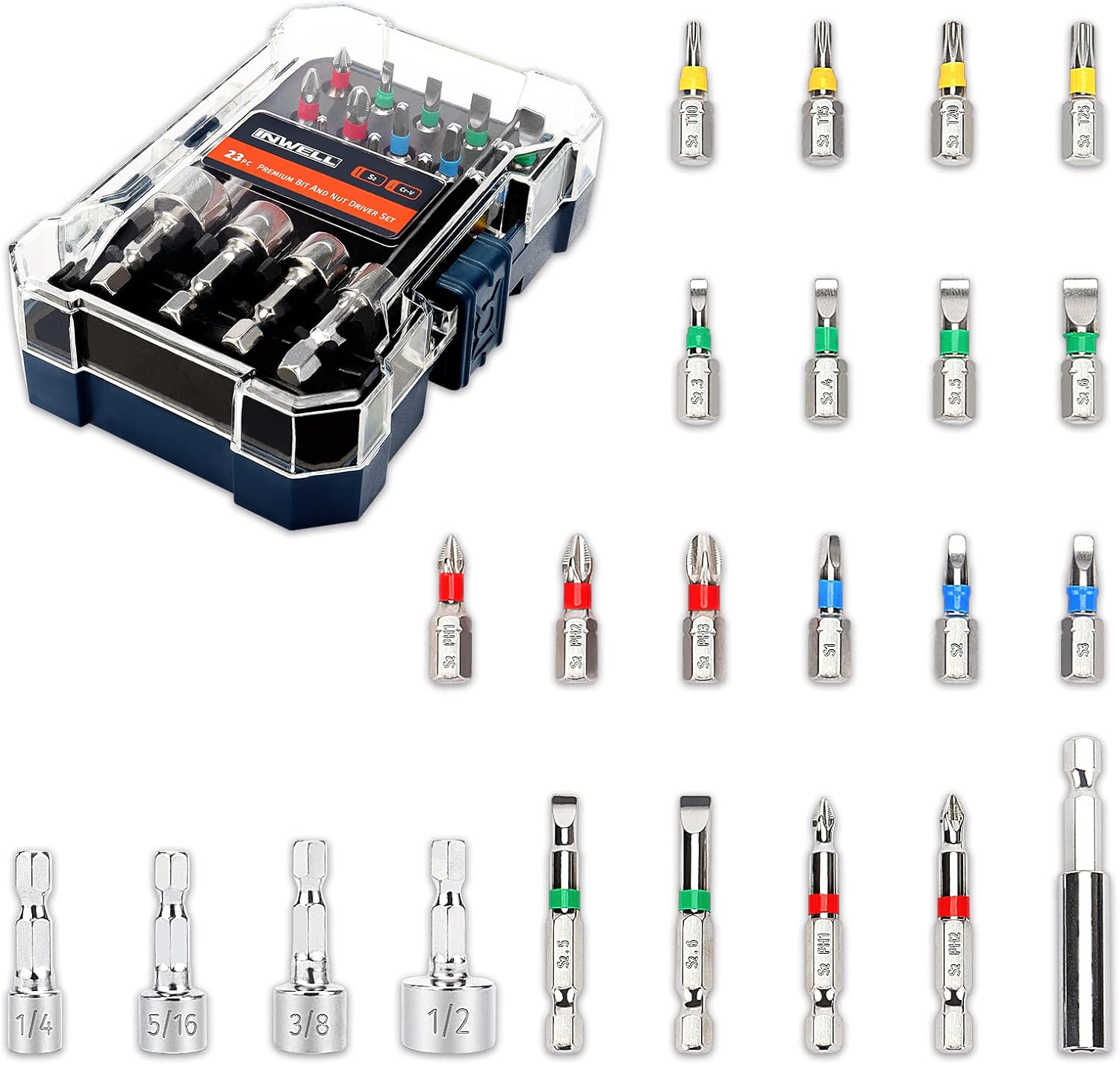 23 Piece Premium Screwdriver Bit Set,Nut Driver Set,Driver Bit Set - S2 Steel Color Bits Set - Magnetic Tips - Phillips,Slotted,Square and Torx - for Power Drill
