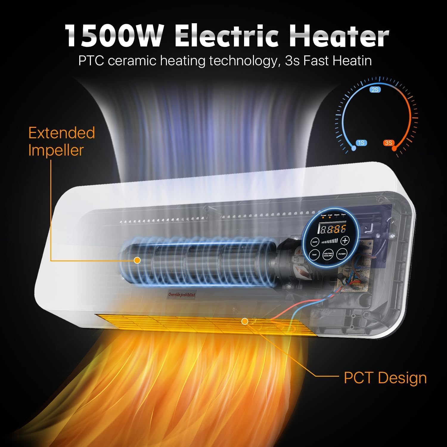 Wall Mounted Heater 1500W PTC Ceramic Electric Space Heater with Remote, LED Display, Adjustable Thermostat, Overheat Protection, Timer, Low Noise Heater for Bedroom, Office, Large Room Indoor Use