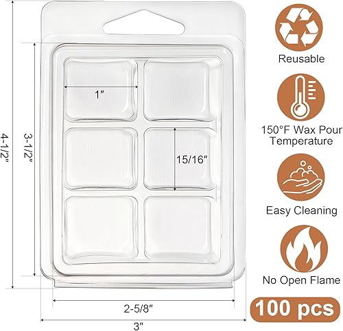 Miniatura 2 de Jucoan Paquete de 100 moldes de plástico para cera derretida, 6 cavidades cuadradas transparentes para derretir cera para manualidades, velas