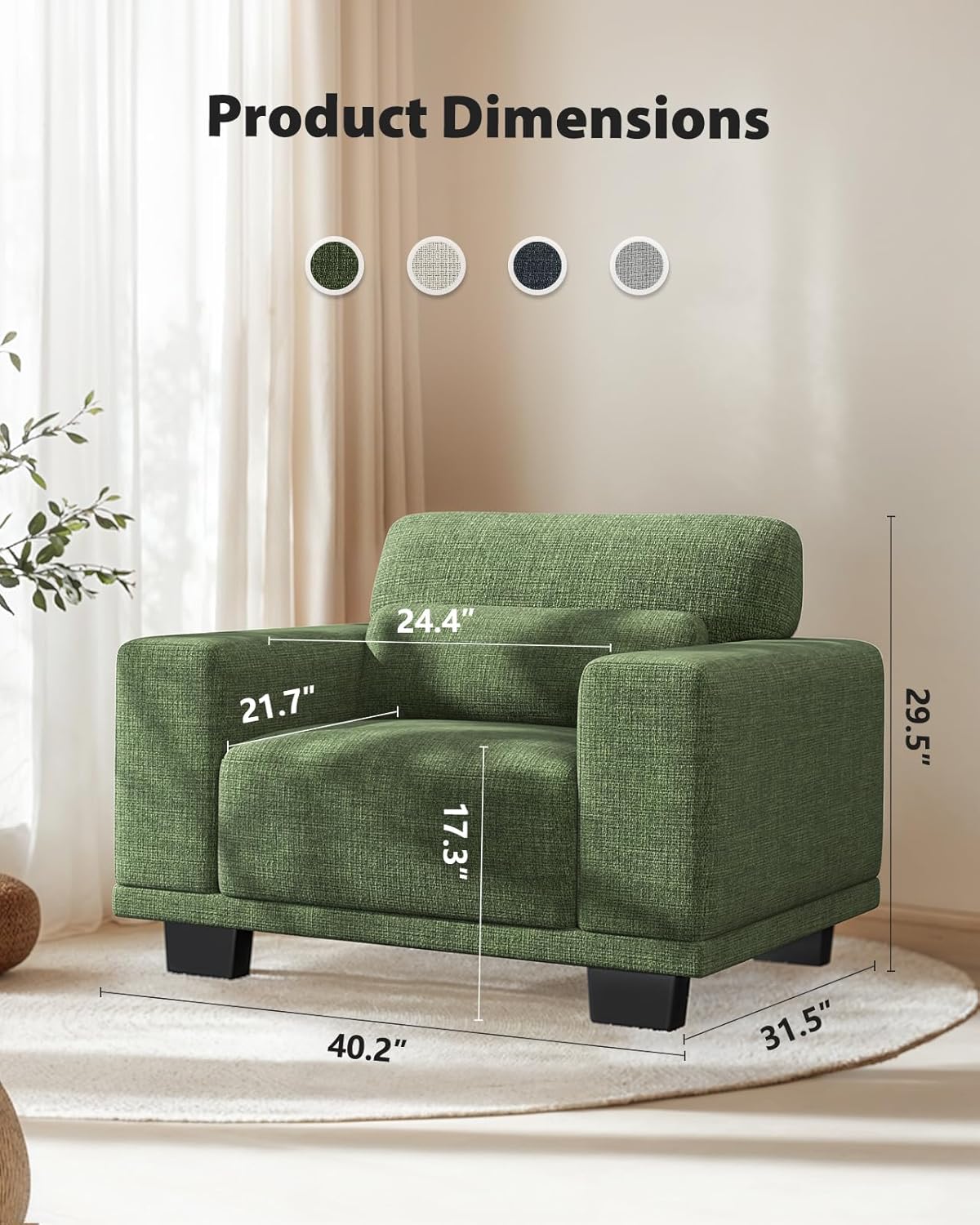 Pipishell 40″ Modern Accent Chair: Single Seater Sofa with Wide Armrests & Deep Seat Cushions, Removable Washable Linen Cover for Living Room, Green | Comfy Armchair & Small Space Couch