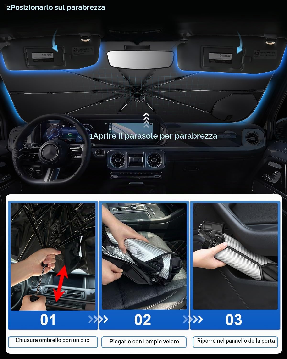 SHAOHAO Compatibile con FIAT 500 Abarth 595 2017-2026 Parasole per auto Parasole per parabrezza Facile da riporre Maniglia con cordino Protezione UV Accessori FIAT 500 parasole