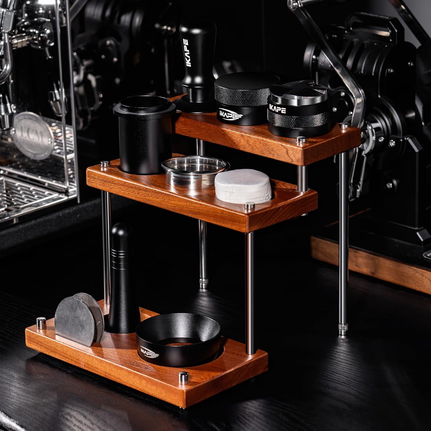 IKAPE 51/53/58mm General Espresso Tamper Station 2025 Newly, Multi-functional 3-tier Coffee Tool Storage Stand, Designed for Tamp, Distributor, Dosing Cup, Puck Screen, WDT, Basket, Funnel