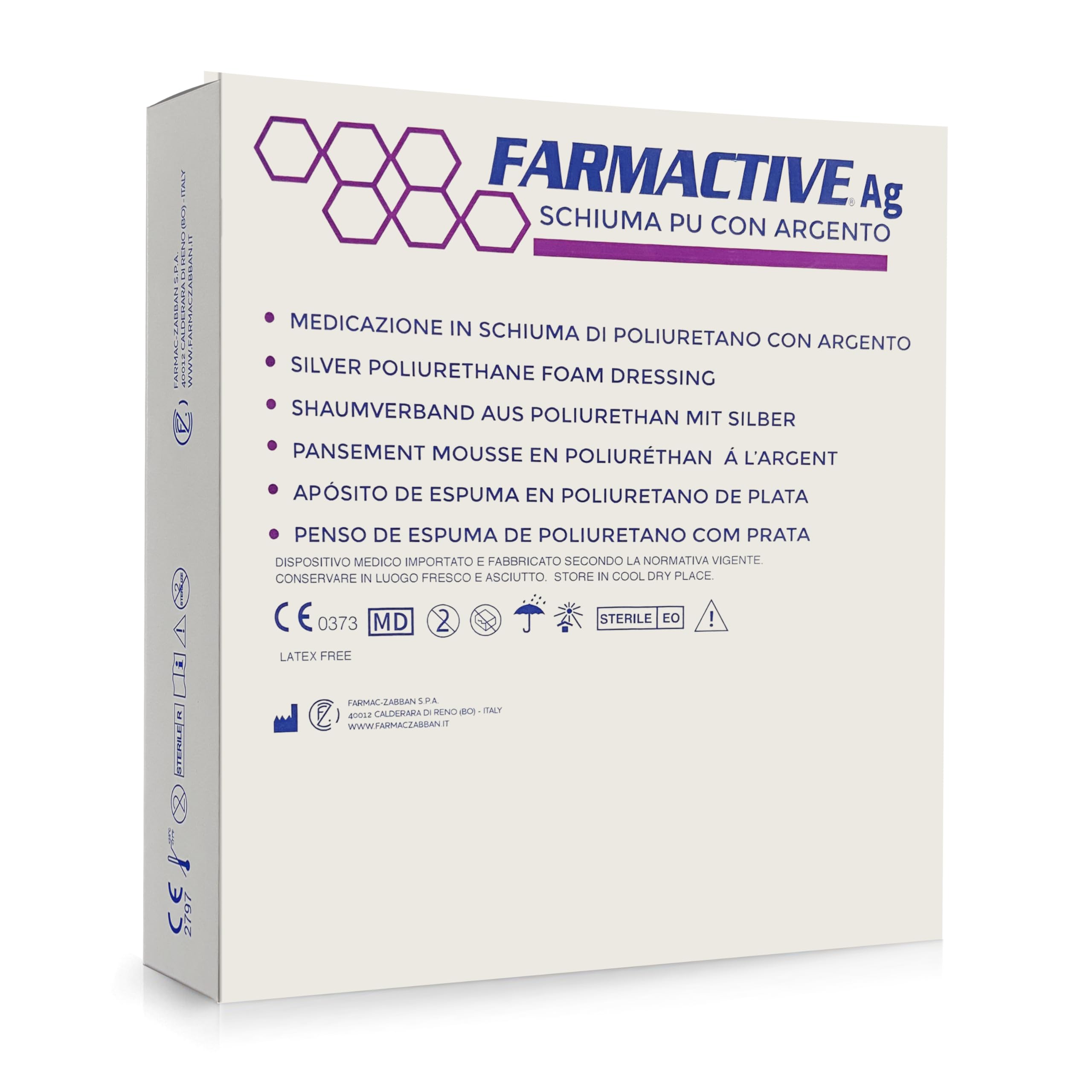 Medicazione in schiuma di Poliuretano con Argento Non adesiva 10x10 cm (10 pz) - per ulcere da pressione, ferite e lesioni FARMACTIVE Ag