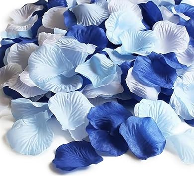 ALLHEARTDESIRES 1200 PCS Blue and White Artificial Rose Petals - Silk Flower Petals for Wedding Aisle Decor, Flower Girl Baskets & Table Scatters - Navy & Light Blue Decor for Baby Shower