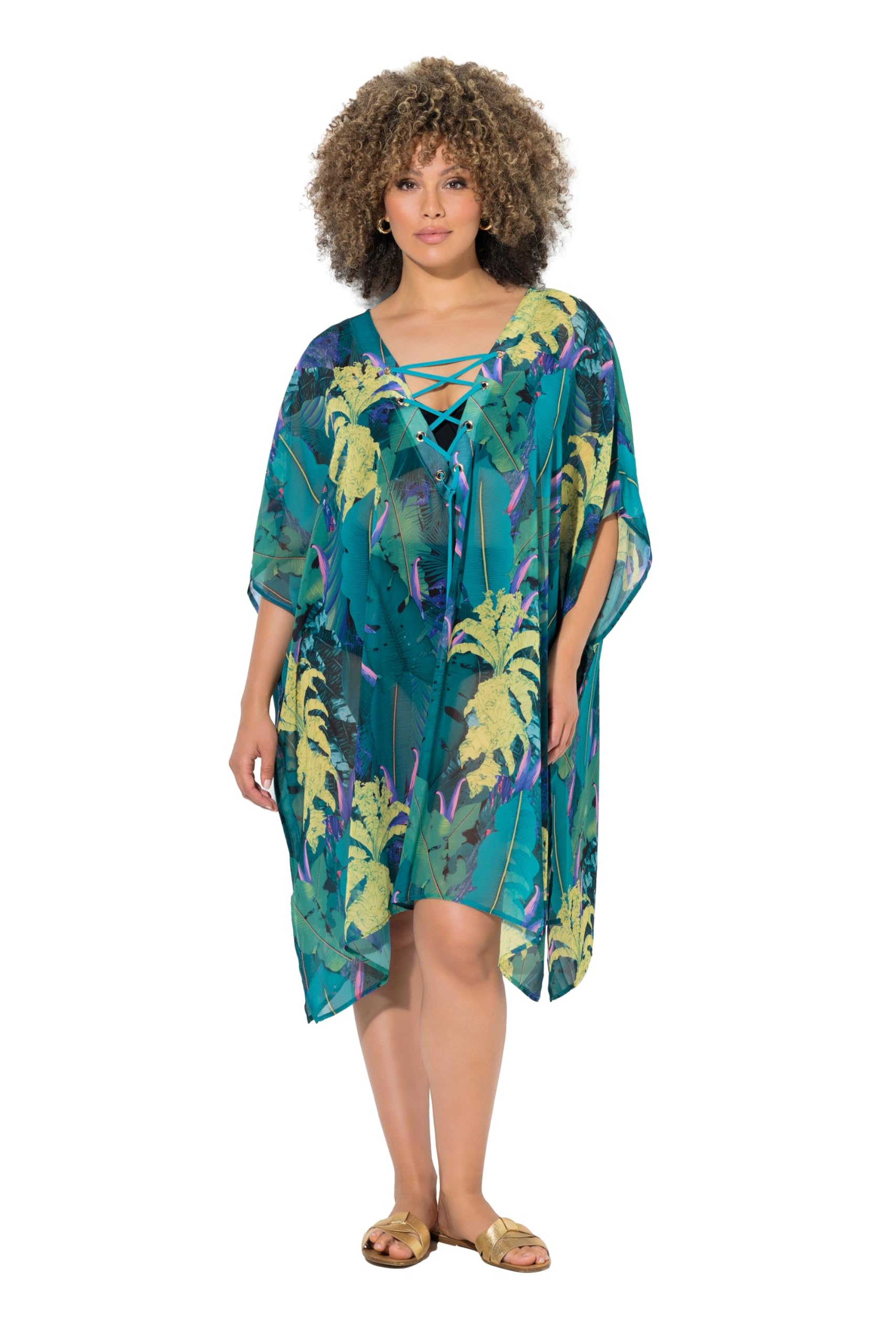 Ulla Popken Damen große Größen Übergrößen Plus Size Tunika, Dschungel, V-Ausschnitt, Schnürung, Halbarm 846417