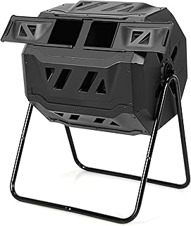 S AFSTAR 43 Gallon Outdoor Compost Bin, Dual Chamber Compost Tumbler W/2 Sliding Doors & Gloves Included, Large Capacity Composting Bins, Garden Rotating Tumbling Composter for Patio Yard Lawn (Black)