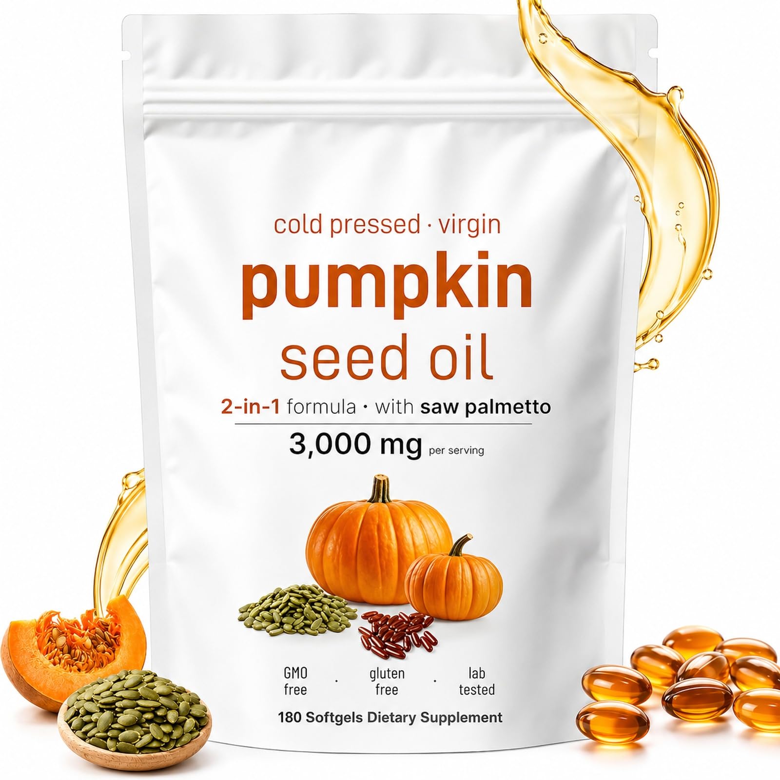 Pumpkin Seed Oil Capsules with Saw Palmetto – 3000mg Cold-Pressed Blend for Hair Growth, Prostate & Urinary Support – Non-GMO Herbal Supplement (180 Softgels)