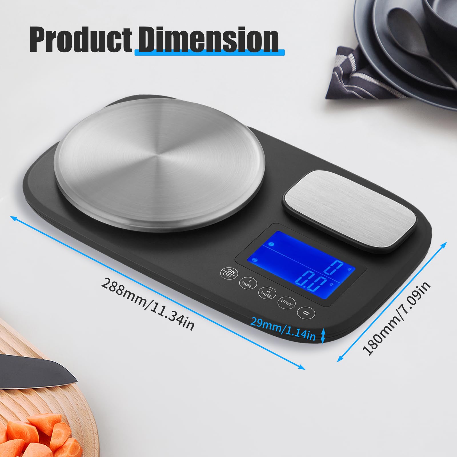 Báscula de cocina con plataforma dual, báscula precisa (10 kg y 1 kg), pantalla retroiluminada en azul, báscula digital para cocinar y hornear