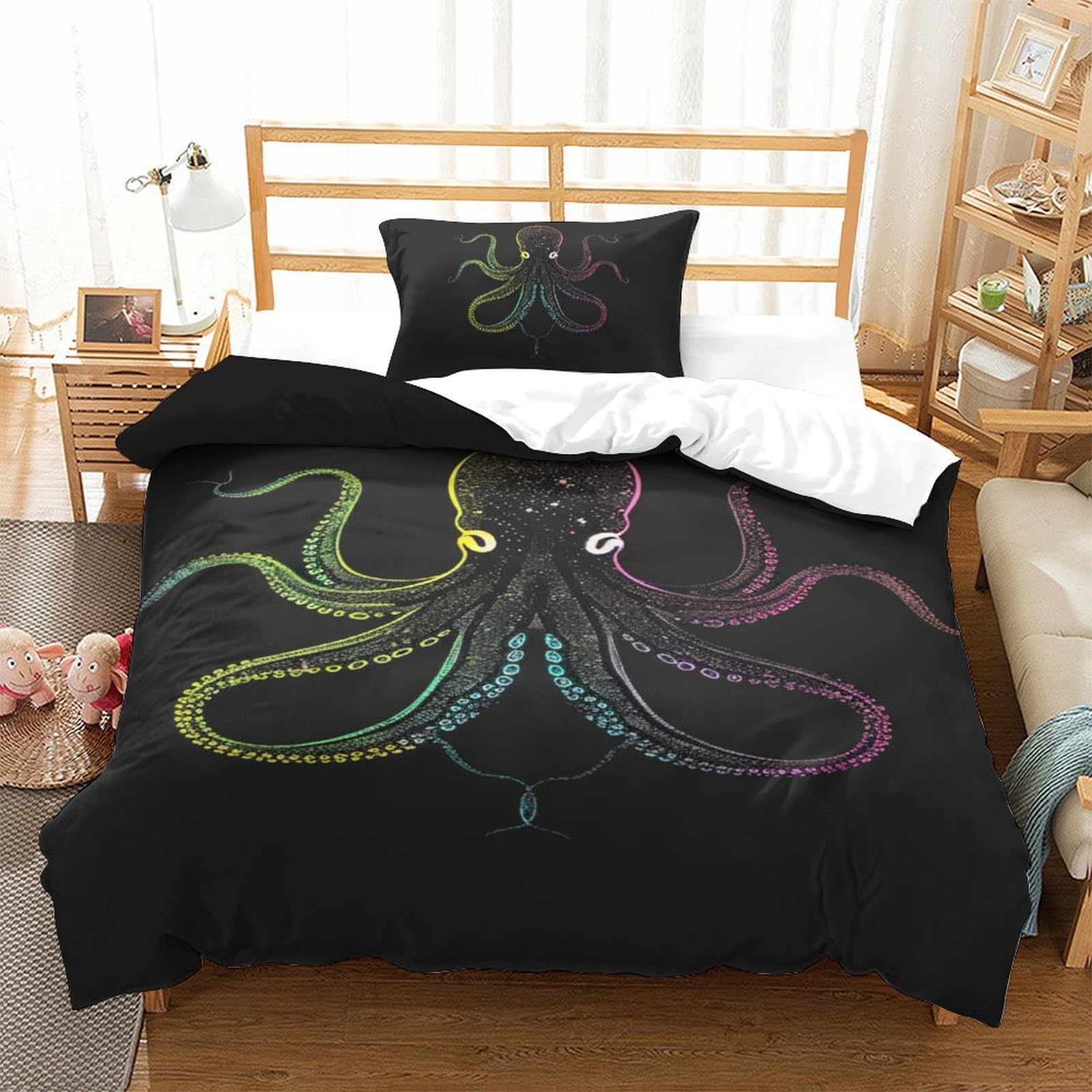 Housse de couette pieuvre 3D en microfibre respirante et douce avec fermeture éclair