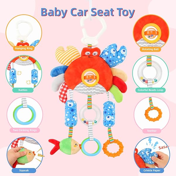 Baby Car Seat Toys with Clip - Travel Sensory Toys for 6 7 8 9 10 11 12 Months, Infant Roadtrip Soft Montessori Hanging Plush Toys Wind Chime, Teether, Rattle, Squeaky for Newborn Boy Girl Gifts - 4