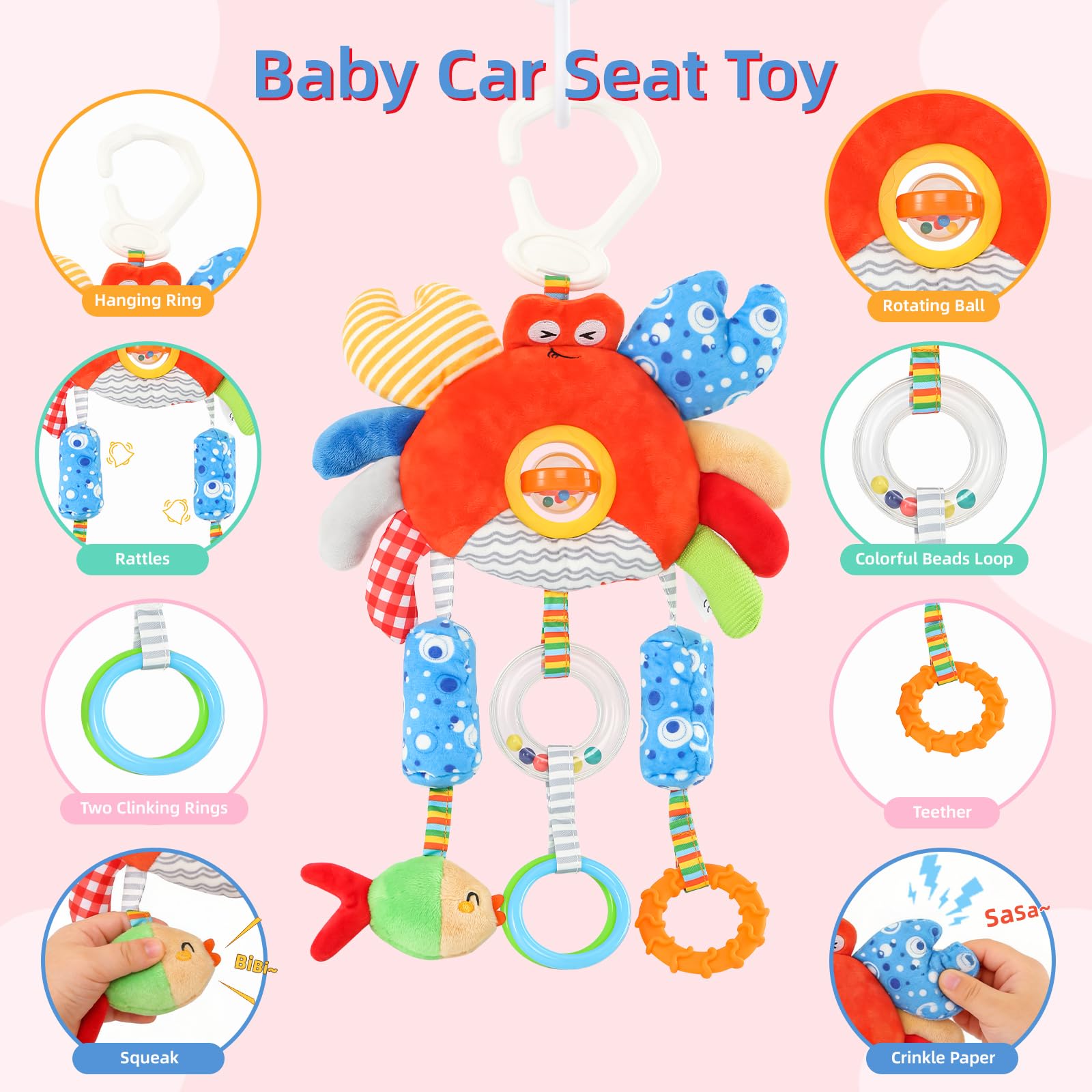 littlove Roadtrip Car Seat Toys for Baby 6-12 Months, Infant Travel Sensory Toys with Clip, Soft Montessori Hanging Plush Toys Wind Chime, Teether, Rattle, Squeaky for Newborn Boy Girl Gifts - 5