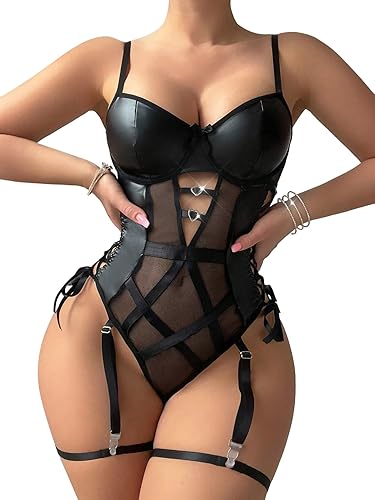 Foxiny Sexy Strappy Lace Up Underwire Sheer Leather Garter Belt Teddy Bodysuit Lingerie Top 2 Piece Set - X-Large - Black