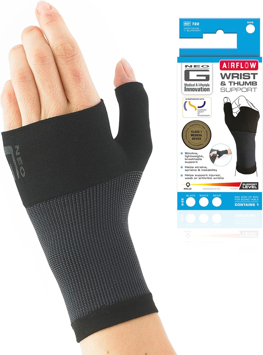 NEO G Airflow Wrist & Thumb Support LARGE Black Medical Grade