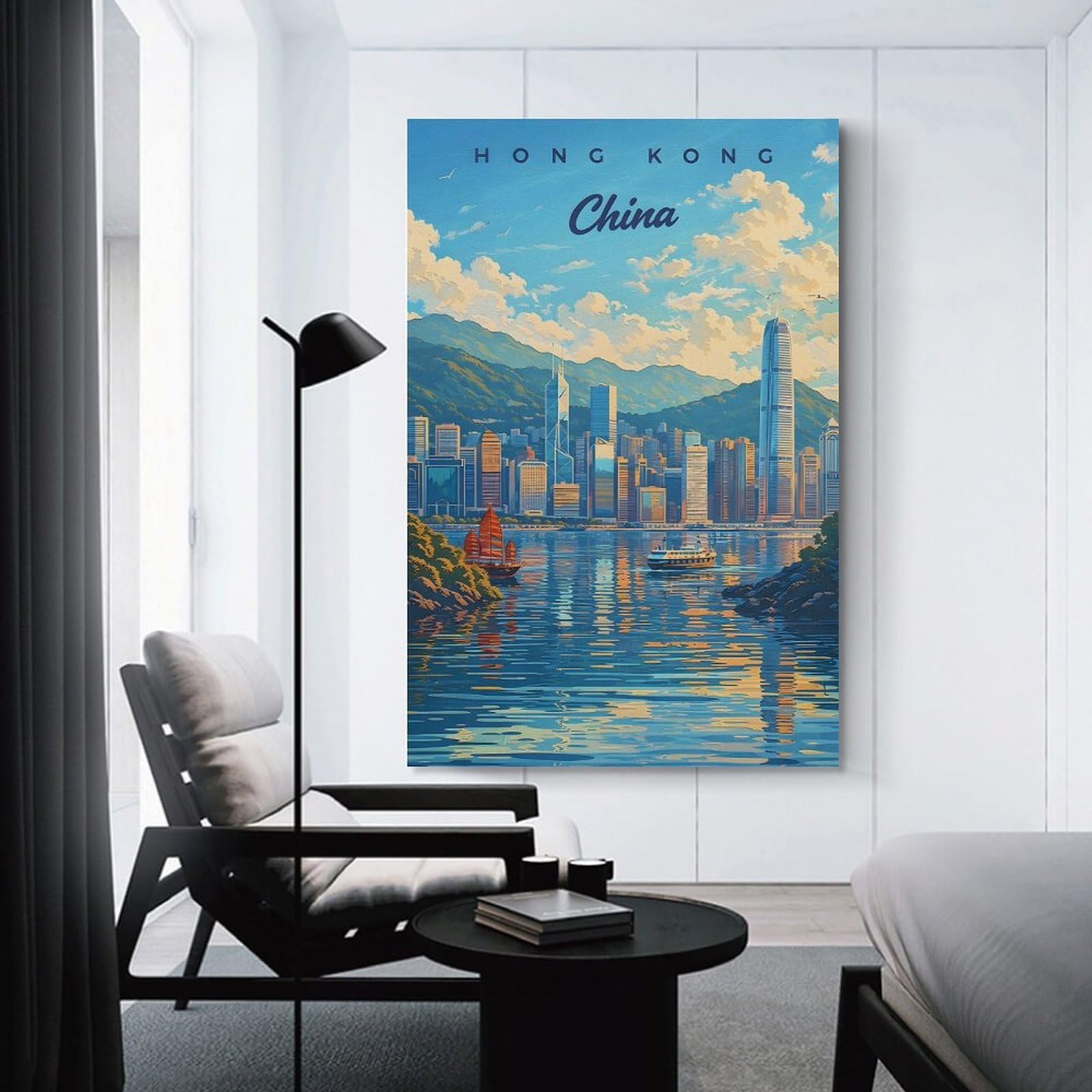 Junmoney Hong Kong Skyline Painting Wall Picture Print, 20x30inch(50x75cm), for New Home Styling, Lounge Or Bedroom, Home Artwork for Modern Interiors