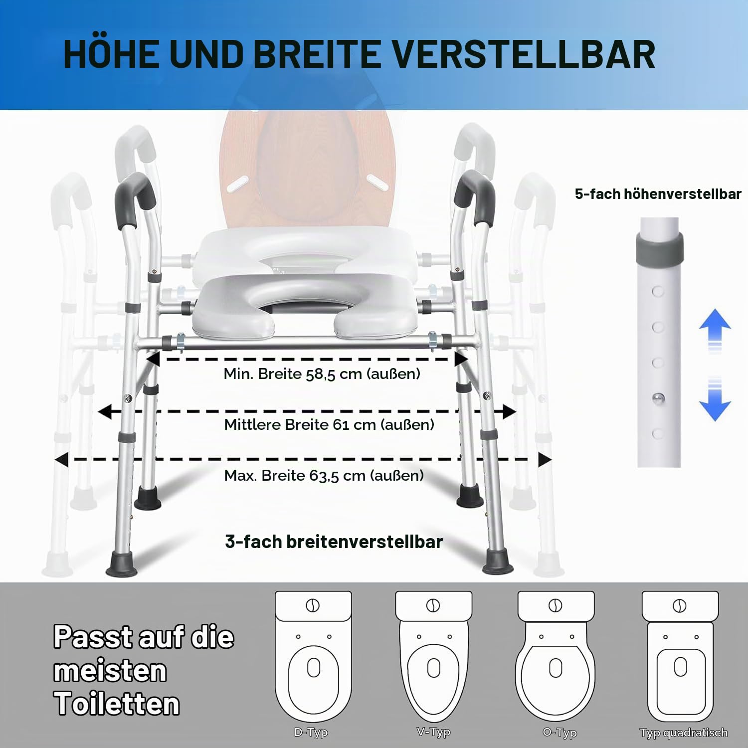 ToilettensitzerhöHung mit Armlehnen, WC Sitzerhöhung mit Höhenverstellbaren, Aufstehhilfe Toilette für Senioren, Tragfähigkeit 160 kg