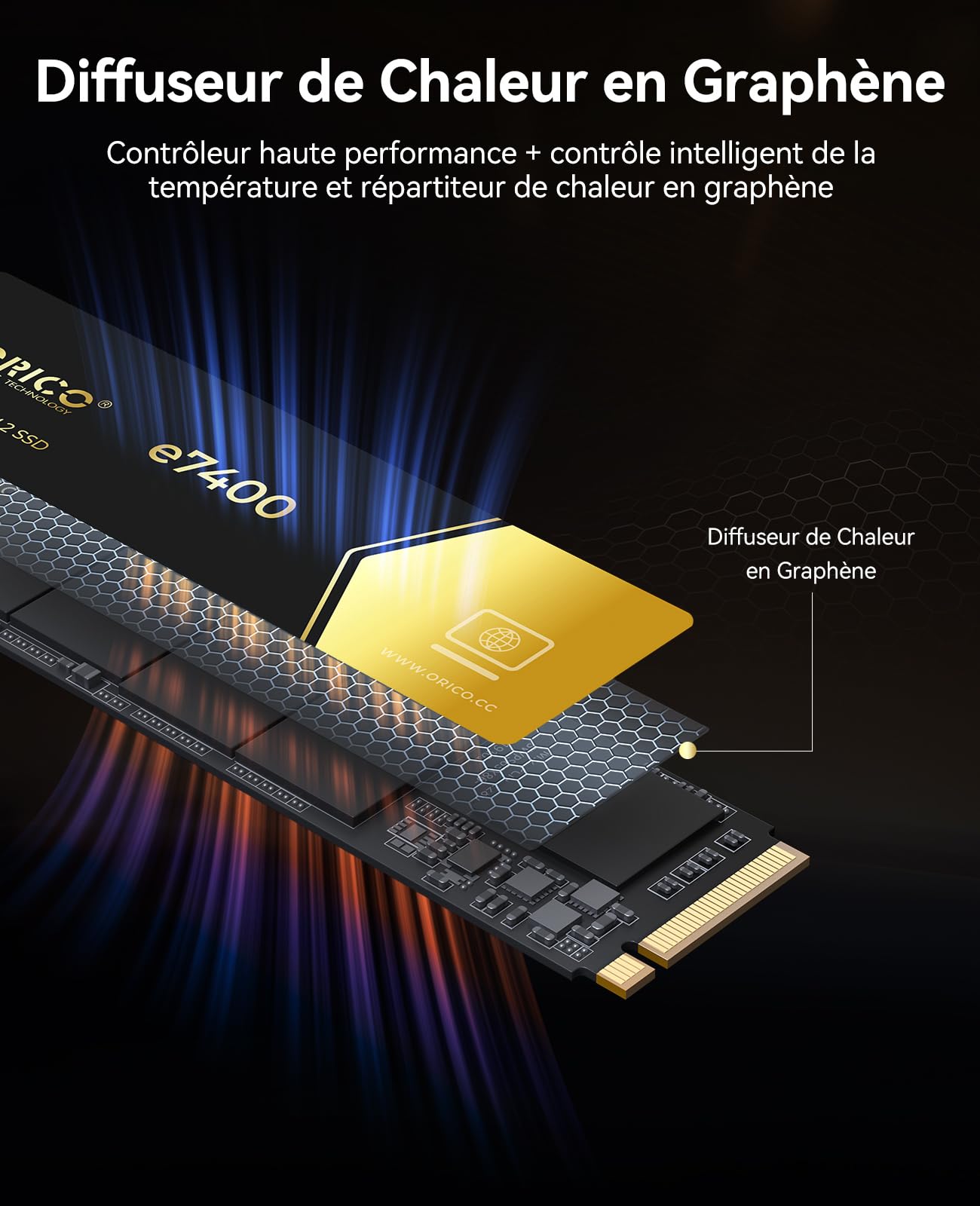 ORICO SSD 2To NVMe M.2, PCIe 4.0X4 - Jusqu'à 7400MB/s M2 SSD, 3D NAND Flash M.2 2280 Disque Dur Interne, Compatible avec macOS Windows pour Joueurs et créateurs-e7400