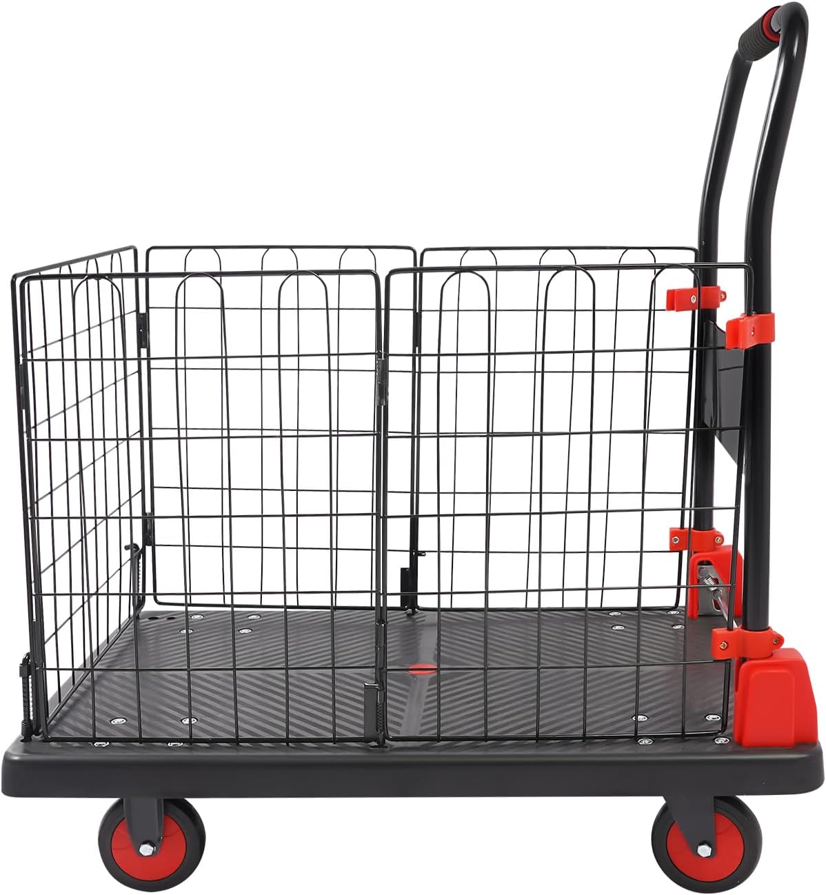Platform Truck Cart with Cage 2 in1, Folding Flatbed Trolley, 35 x 24in 660lbs Capacity Heavy Duty Removable Hand Truck Dolly Cart, 5-Inch Silent TPR Wheels for Moving Bulk Goods Shopping