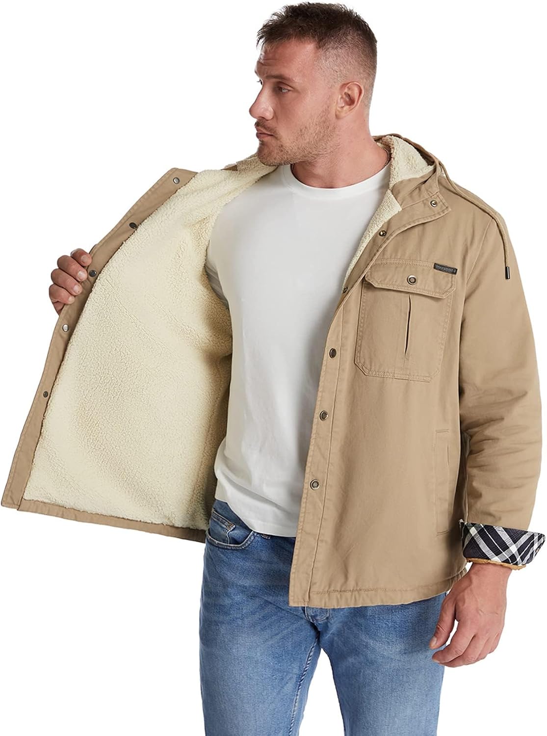 Flygo Men's Warm Relaxed Fit Washed Duck Sherpa-Lined Shirt Jacket Hooded Outdoor Fleece Lined Utility Work Coat