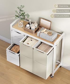 HOOBRO Laundry Sorter with 4 Section, 34 Gal. (127 L) Laundry Hamper with Wheels, Rolling Laundry Basket with Shelves, Pull-Out Detachable Bags, Side Pockets, White, Natural and Beige WNE14XY01N1