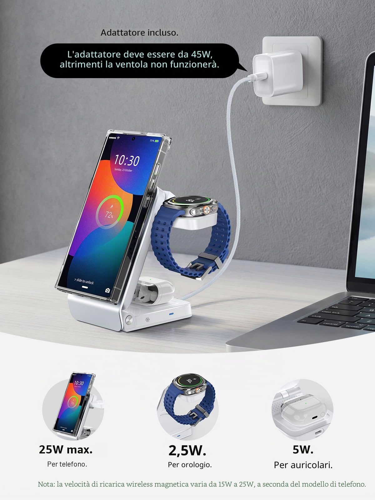 Caricabatterie wireless per Samsung - Caricatore magnetico Qi2 con raffreddamento attivo, stazione di ricarica pieghevole 3 in 1 per Samsung Galaxy S25 Ultra, Galaxy Watch 8 e Buds 3, per dispositivi