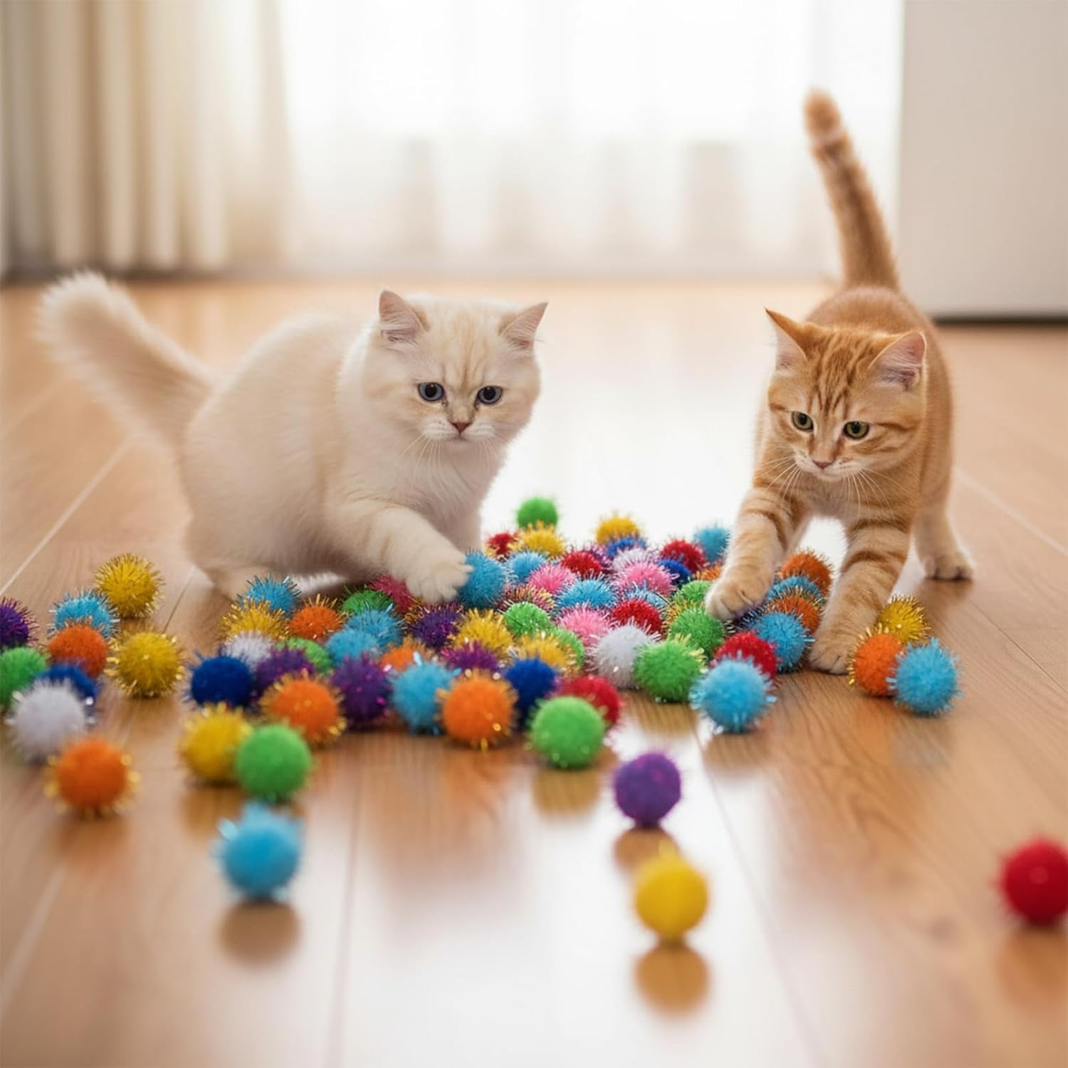 70 Pcs Cat Pom Poms Balls,Assorted Color Sparkle Pom Poms Cat Tinsel Ball Glitter Fuzzy Balls for Cats Exercise and Entertainment,1.2 Inch image 5
