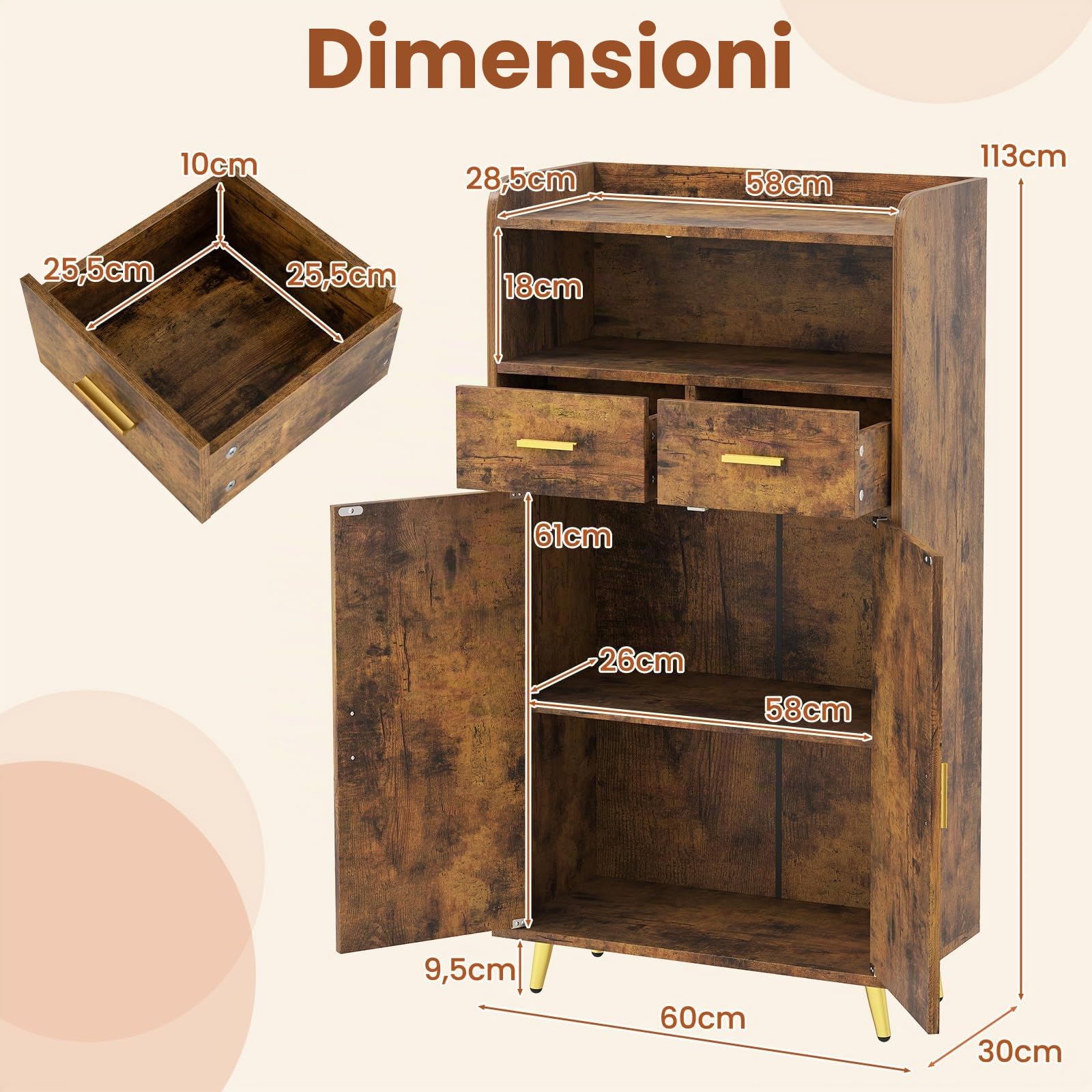 GIANTEX Credenza Cucina, Piano Superiore con Bordo Anticaduta, Scomparto Aperto, 2 Cassetti e Armadietto a Doppia Anta, Mobile Moderno con 2 Antiribaltamento per Soggiorno e Ingresso (Marrone)