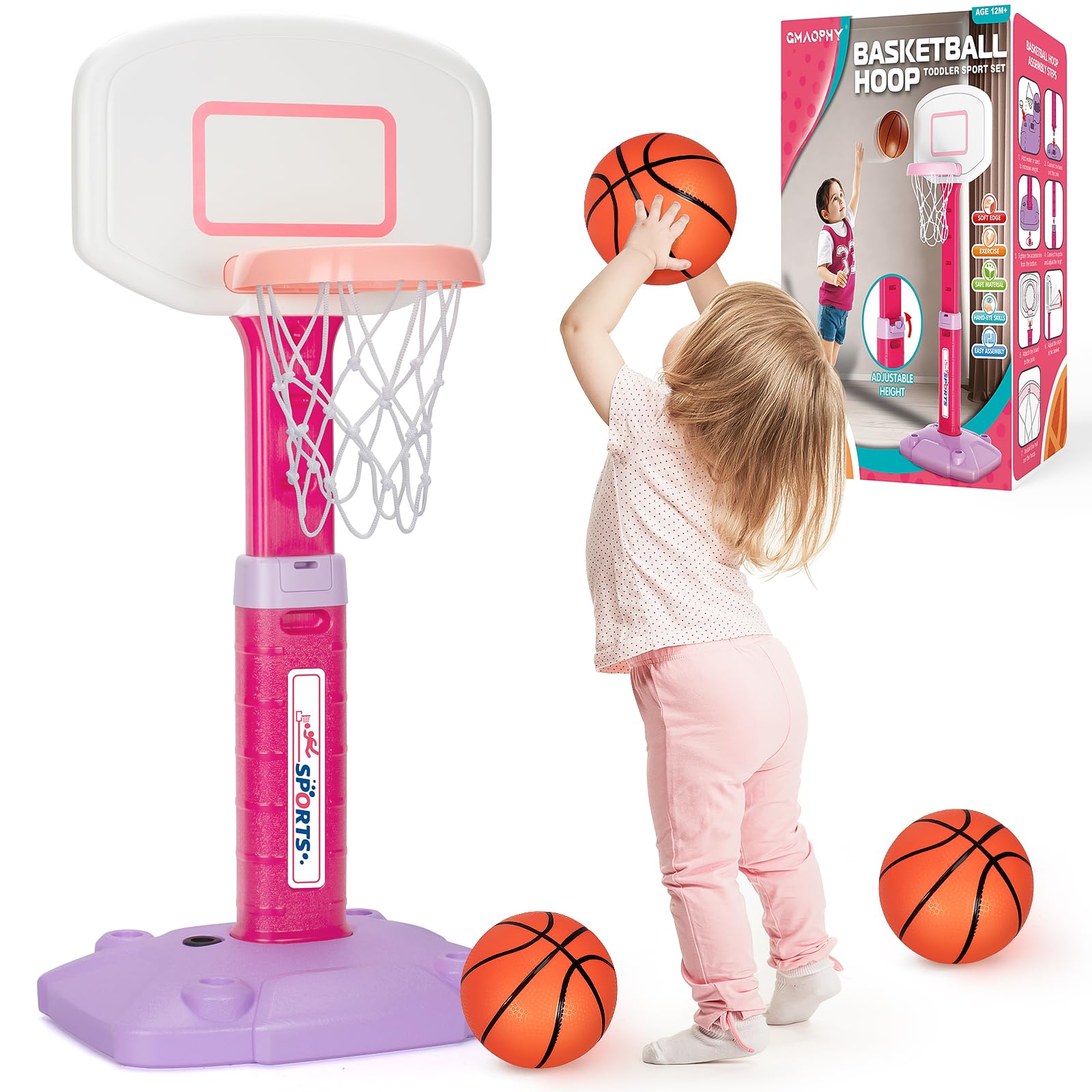 Toddler Basketball Hoop Indoor for Age 1-3, Adjustable Kids Basketball Hoop, Mini Basketball Hoops with 3 Balls for Outdoor Poolside, Birthday Christmas Sport Toys Gift for Baby Boy Girl 1 2 3 4, PinkToddler Basketball Hoop Indoor for Age 1-3, Adjus…