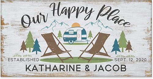 Our Happy Place Camping - Personalized Camping Sign for Campers, Custom Name and Year Established, Happy Camper RV Outdoor Decor, Wedding