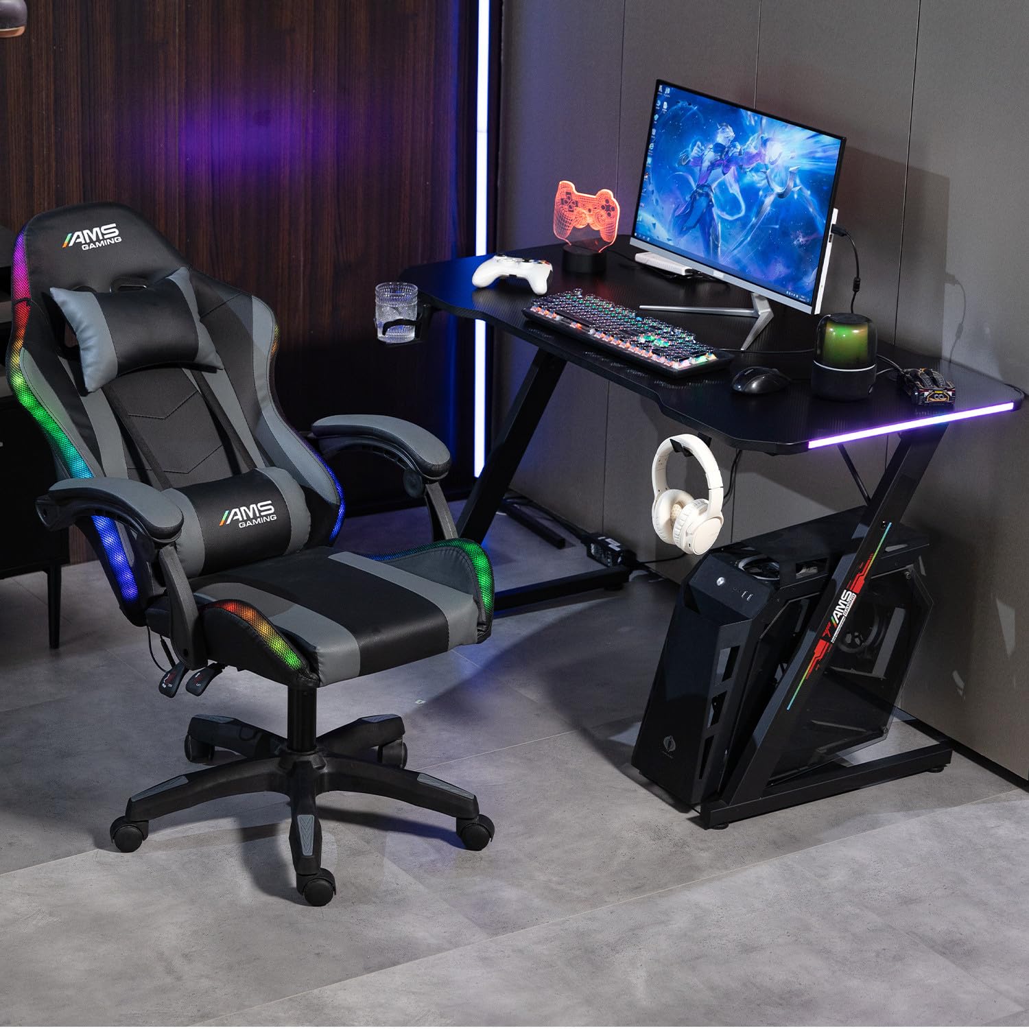 Bureau Gamer GAMERDESK#120Z-LED retroéclairage RGB - 1m20 - Style Carbone - Porte gobelet & Casque - Télécommande