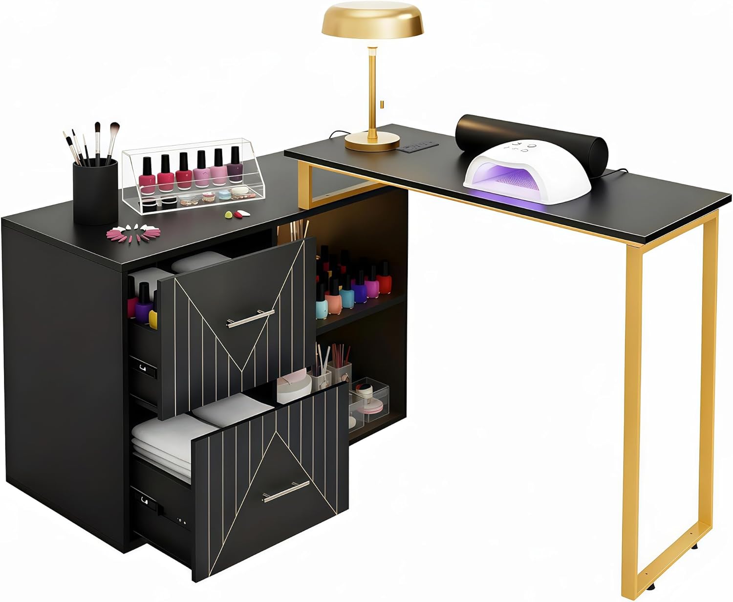 Manicure Table Nail Desk, Acetone Proof Nail Tech Desk with Gold Plated Handles, 2-Drawer Manicure Station with LED Strip for Beauty Salon,Home and Office