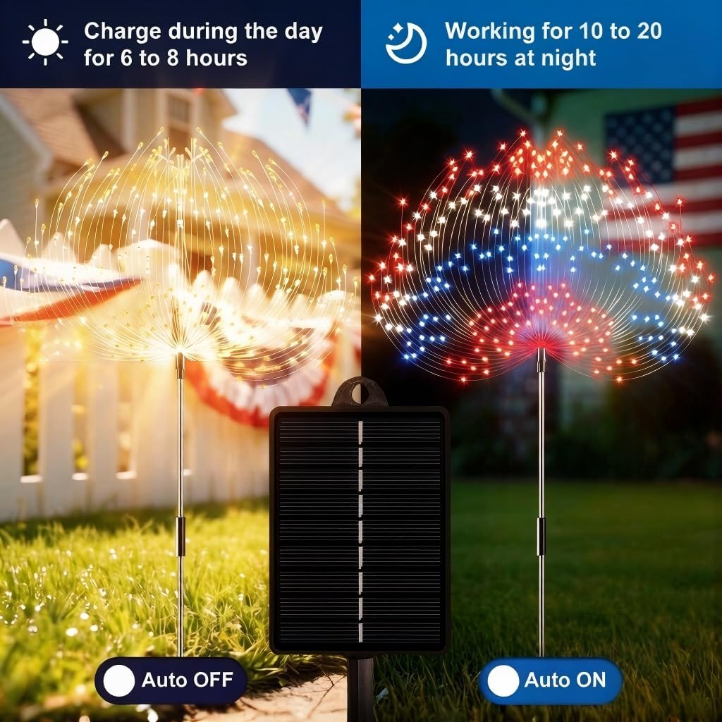 8 Pack 4th of July Solar Firework Lights Outdoor, 1440 LED 8 Modes Red White Blue Patriotic Garden Lights with Timer Remote and USB Charging for Patio Yard Pathway Decor