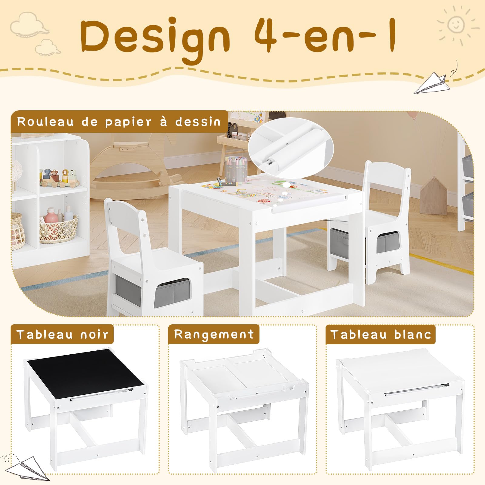 Lestarain 3 en 1 Table pour Enfants et 2 Chaises avec Tiroir de Rangement, Ensemble de Meuble Table d'activité avec Tableau Noir et Un Rouleau de Papier Amovible à Dessiner, Blanc