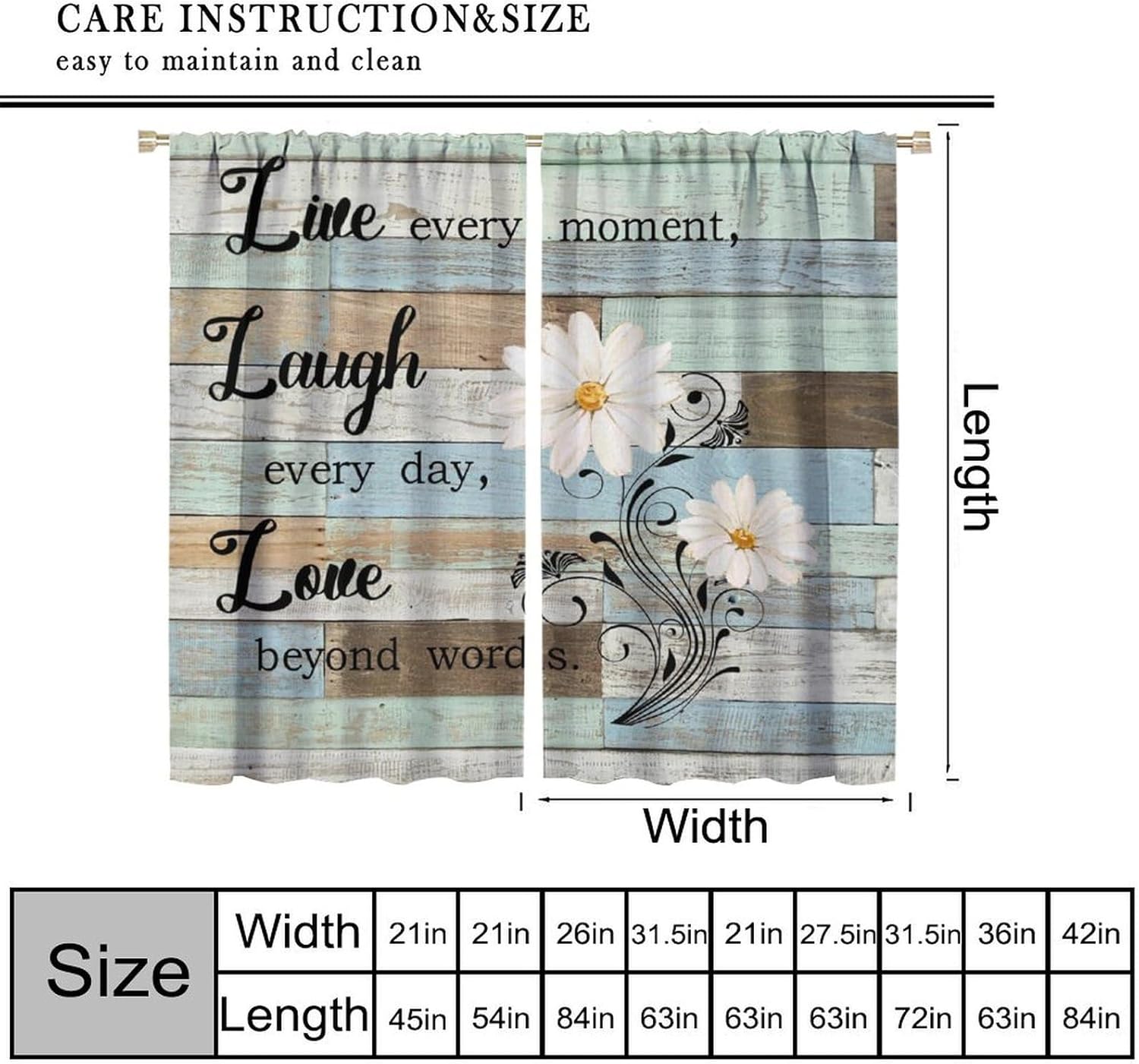 Floral Butterfly Blackout Curtain,Rustic Farmhouse Daisy Flower Wood Board Plank Window Curtains Dining Room Living Room Kitchen Cafe Bedroom Office Drapes,42x45 in
