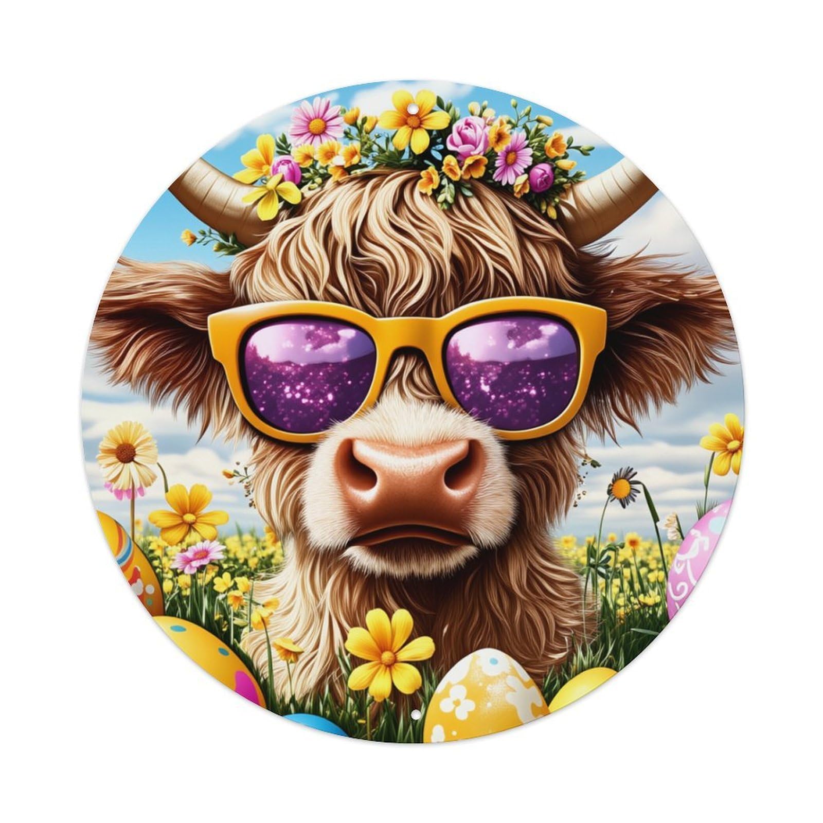 Cow With Sunglasses And Flowers Round Tin Sign Retro Metal Sign for Cafe Bar Pub Home Game Room Gym Club Wall Decoration Vintage Metal Poster 8x8 Inch