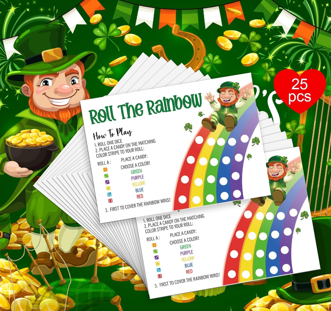 Roll The Rainbow Dice Game for St. Patrick's Day, St Patricks Roll the Dice Game, St Patricks Party Games Supplies, Fun St Patricks Games 25 Game Cards -LMZJ04