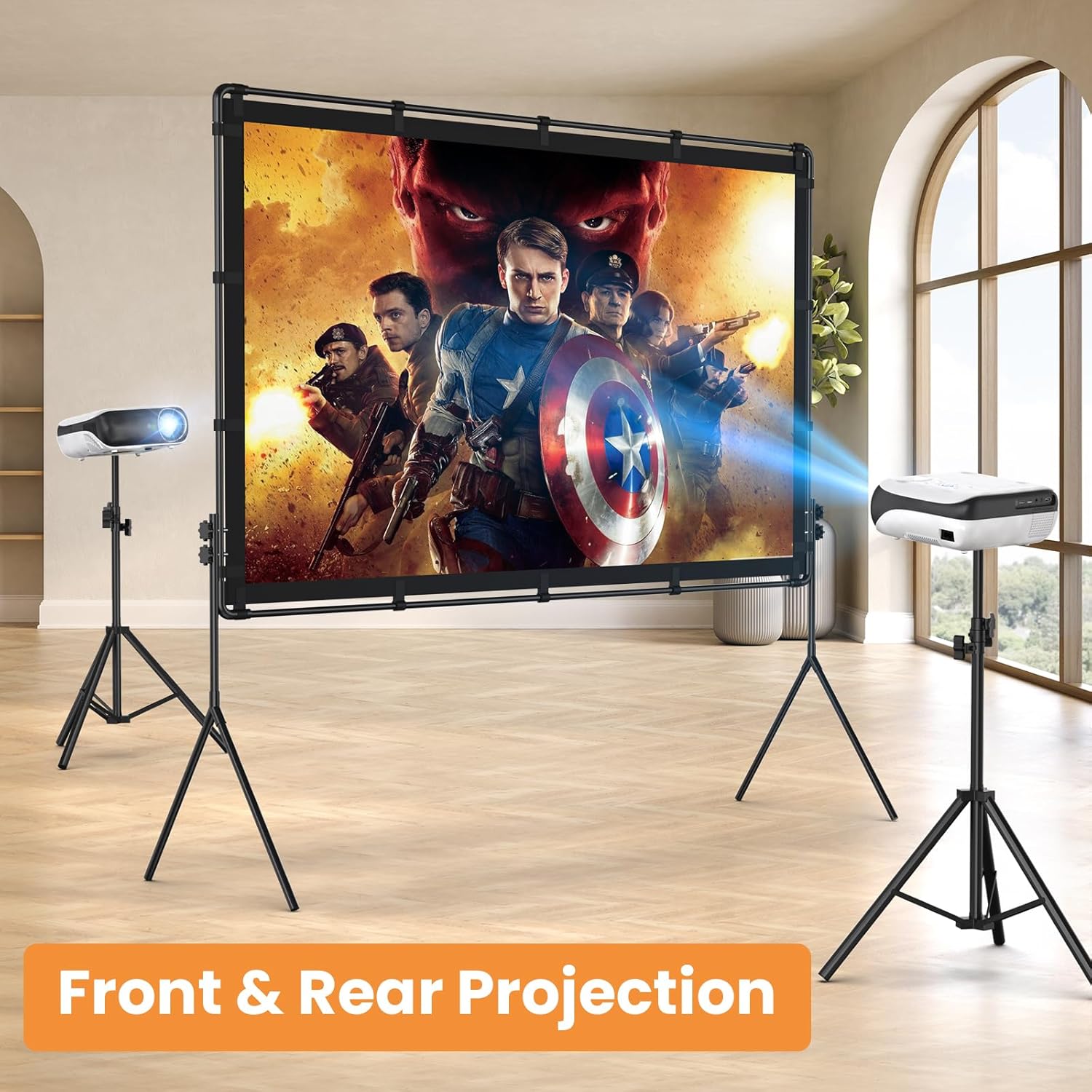 Projector screen showing front and rear projection setup