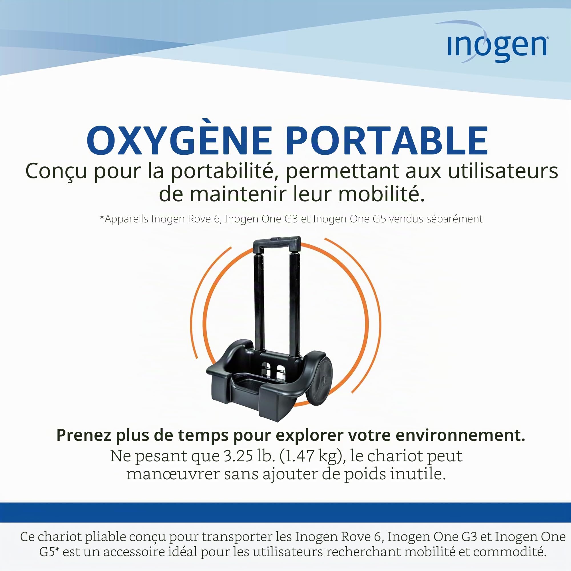 Inogen Un Chariot – pour Le G3, G5 et Rove 6 – Chariot de Transport Pliable – Accessoire oxygène – Poids : 1,5 kg. – 104,1 x 44,9 cm.