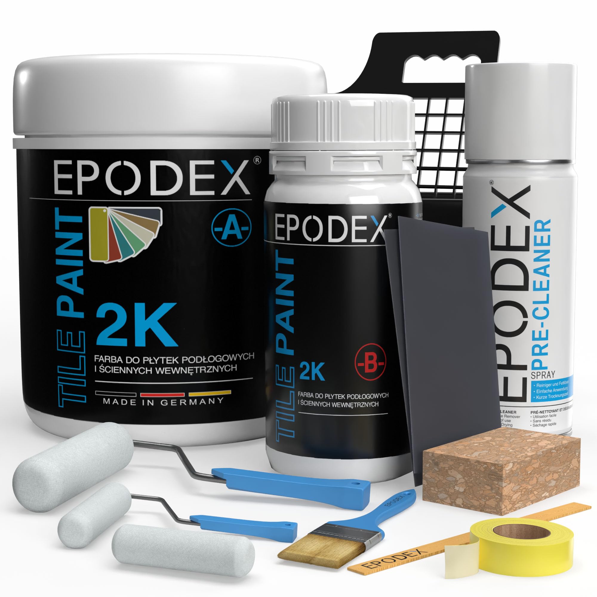 EPODEX Lakier do płytek 2K z akcesoriami - Szary stalowy - Pastel | Farba epoksydowa na ściany i podłogi do łazienki i kuchni – Biały, szary, beż i inne kolory - 1,8 kg (7 m² dla 2 warstw)
