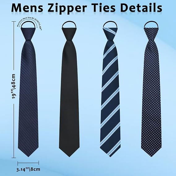 Zipper Ties for Men Pack, Adjustable Pre Tied Mens Tie Solid Plaid Striped Dots Necktie for Business Wedding Party