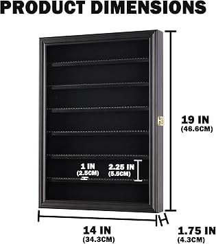 Minifigure Display Case - Building Block Toy Wall Cabinet Showcase for Small Miniature Collectibles Mini Brands Thimbles, 2.25 Shelf Height Lockable UV Protection Door (Black Finish Frame)