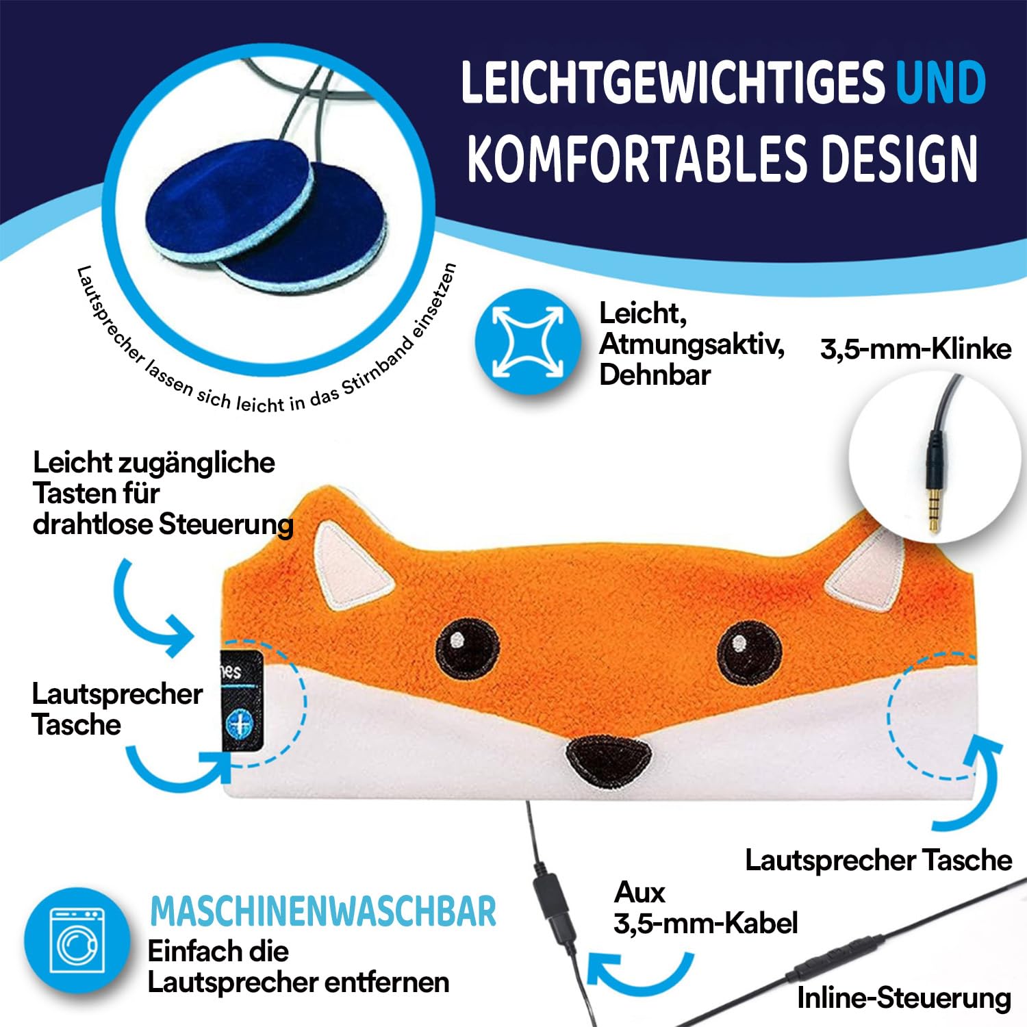 CozyPhones Kinderkopfhörer Stirnband – Bluetooth, weich & volumebegrenzt, Fuchs Design, Schlafkopfhörer Stirnband, Kinder Bluetooth Kopfhörer Kabellos, Kopfhörer Seitenschläfer, Kinder ab 3 Jahre