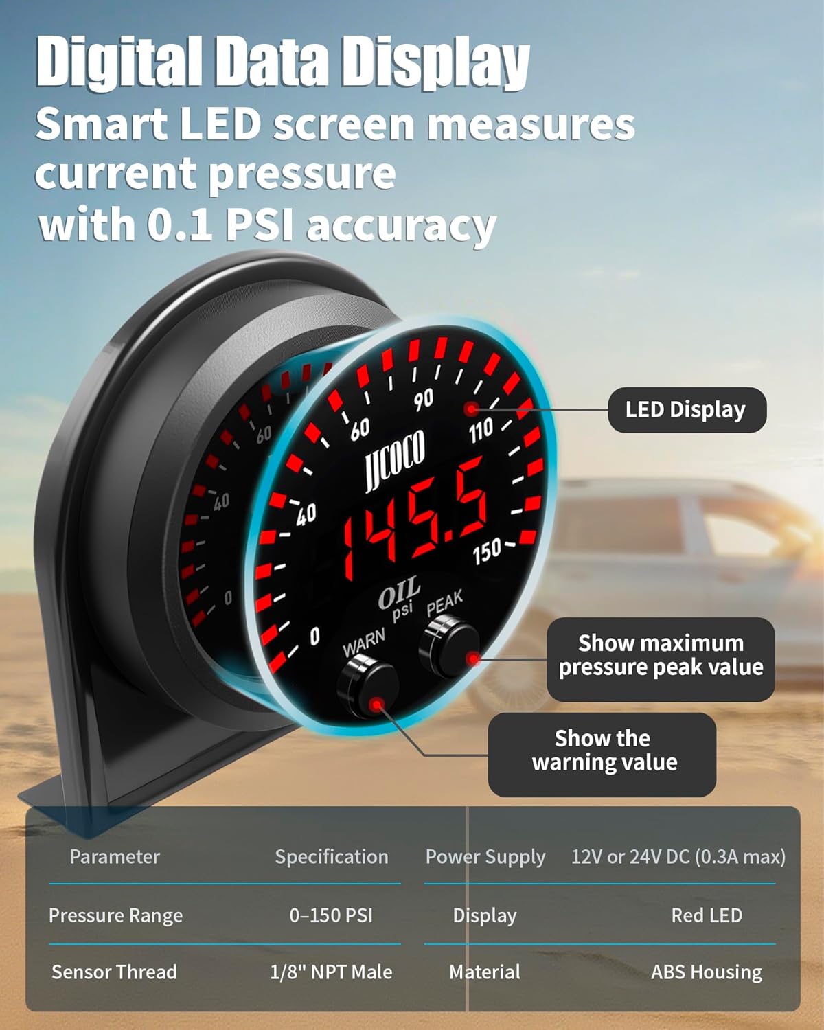 150PSI Oil Pressure Gauge Kit with 1/8NPT Electronic Sensor & Mounting Bracket 12V/24V DC Press Gauge Meter for Car Truck Vehicle Automotive 2-1/16" 52mm