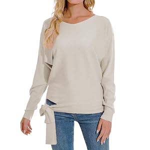 Women Dolman Batwing Sleeves Knitted Sweaters V Neck Long Sleeve Loose Oversized Pullover Sweater Top Side Tie