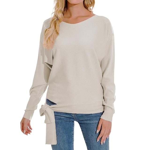 Women Dolman Batwing Sleeves Knitted Sweaters V Neck Long Sleeve Loose Oversized Pullover Sweater Top Side Tie