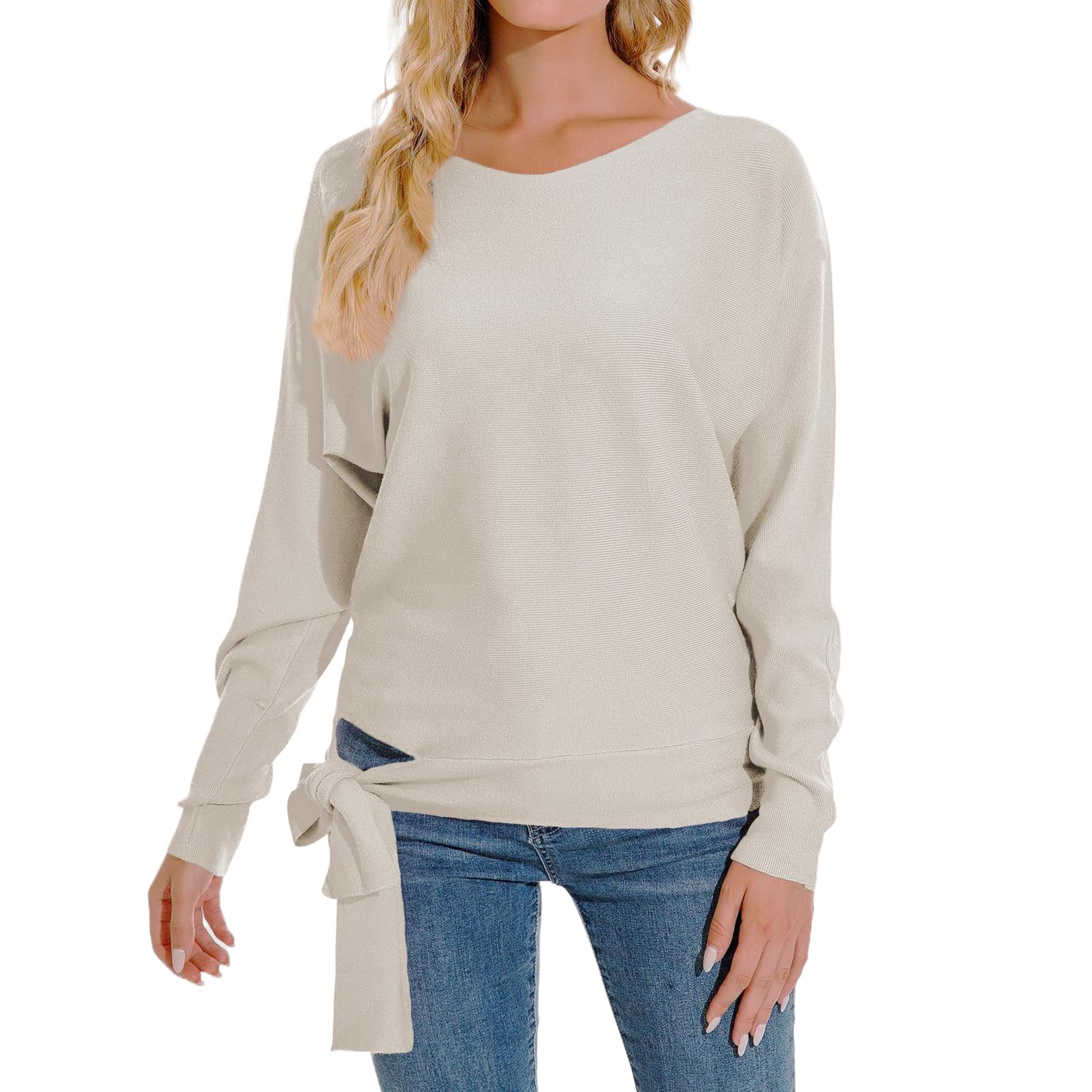 Women Dolman Batwing Sleeves Knitted Sweaters V Neck Long Sleeve Loose Oversized Pullover Sweater Top Side Tie
