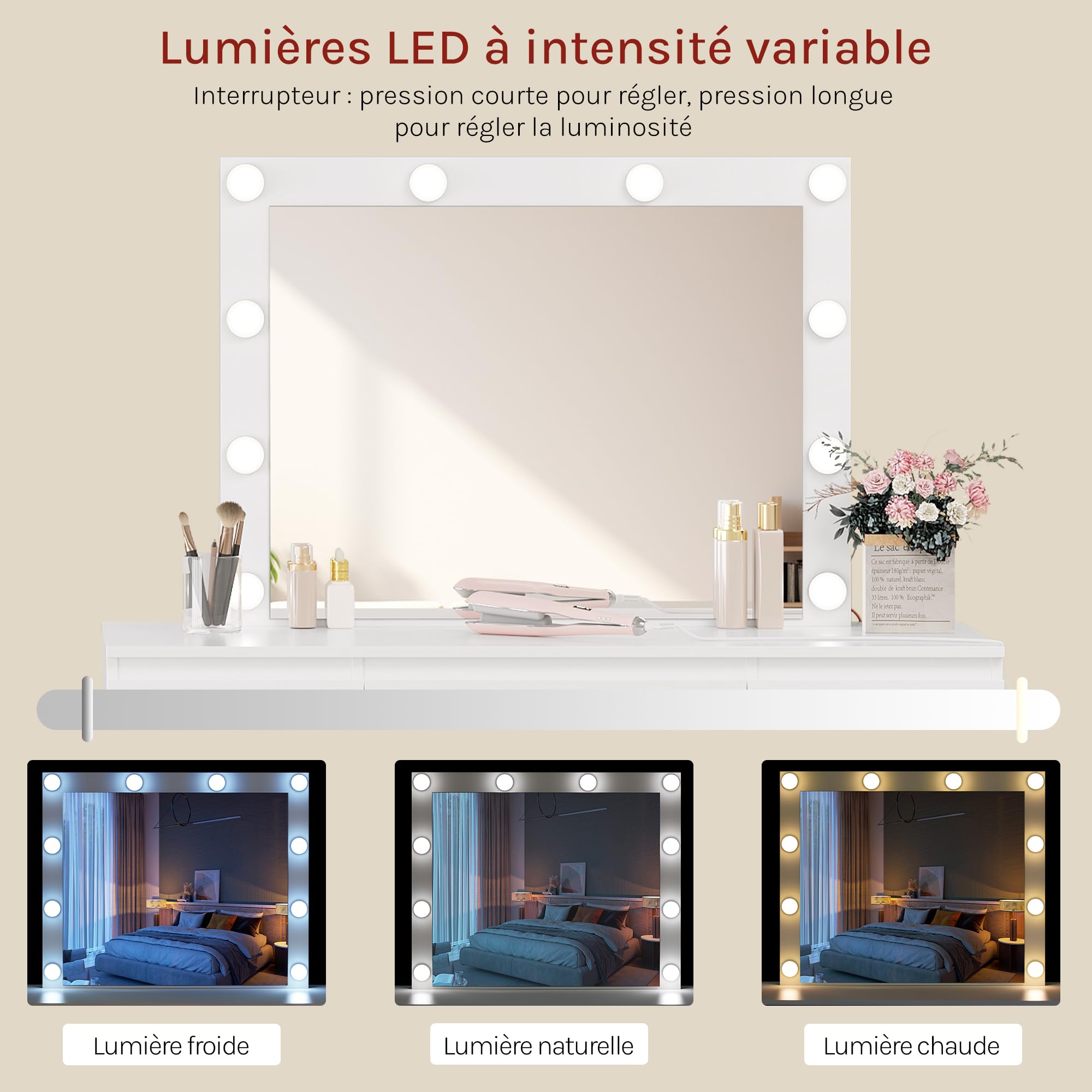 WOLTU Coiffeuse avec Miroir LED, Luminosité Réglable, Table de Maquillage avec Multiprise, 7 Tiroirs, 110x39,5x140,5 cm, Commode Chambre Blanc, MB6124ws