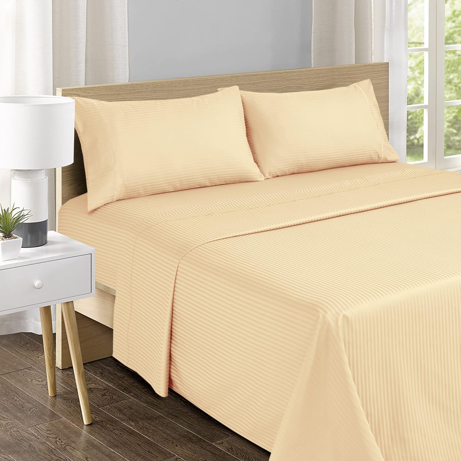 Feather & Stitch 500 TC Full Size Damask Bed Sheet Set, 100% Cotton Soft Breathable Bedsheets, 4 Piece 18" Deep Pockets Sateen Weave Striped Bedding Mattress Resort Hotel Luxury - (Semolina Stripe)