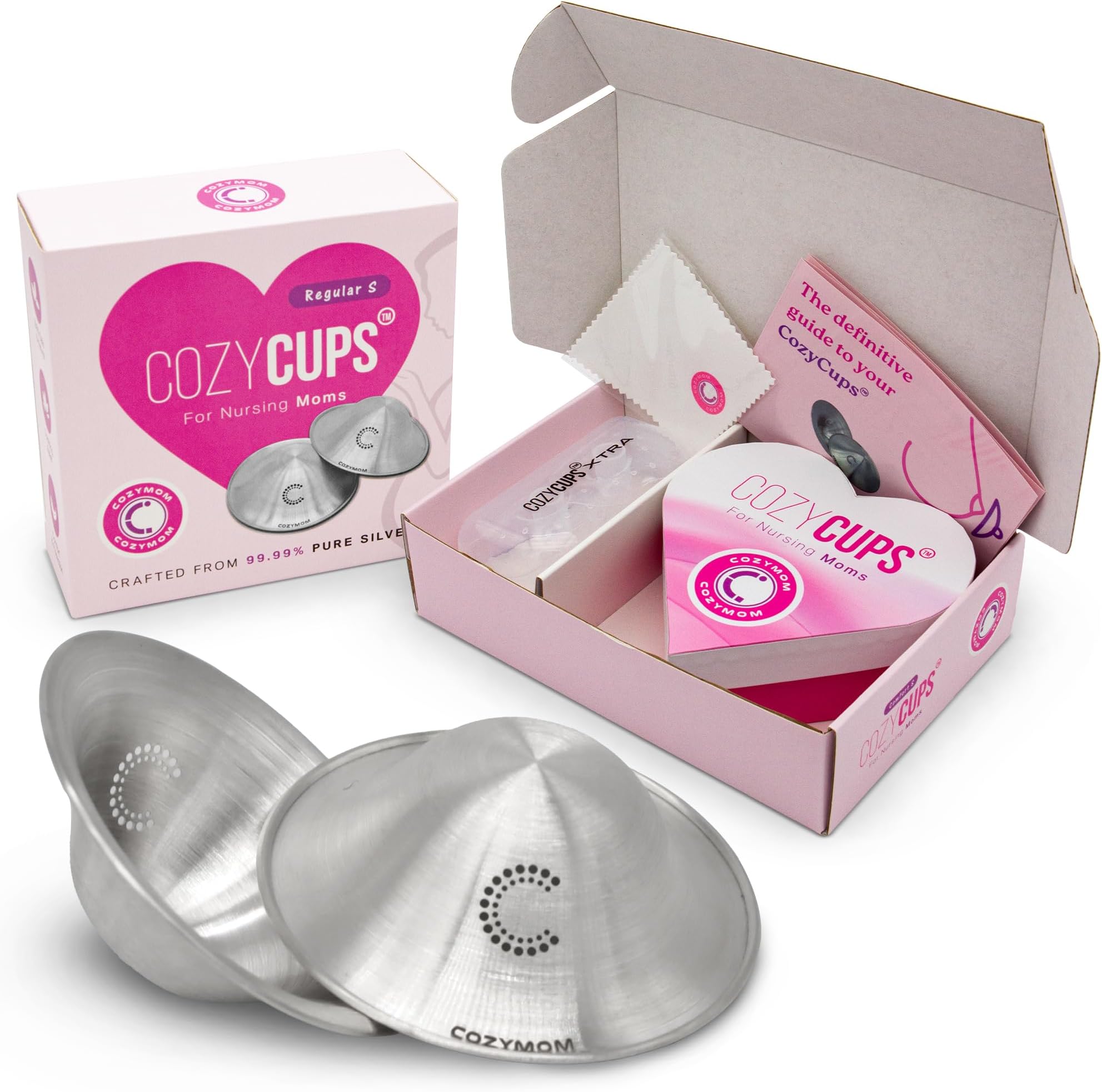 COZYMOM™ Pure Silver Nursing Cups - 55mm | Nipple Care| Soothe Sore Nipples |Breastfeeding Moms |Protect & Heal |Hypoallergenic Healing Cups | Breathable & Comfortable | Complete Breastfeeding Care
