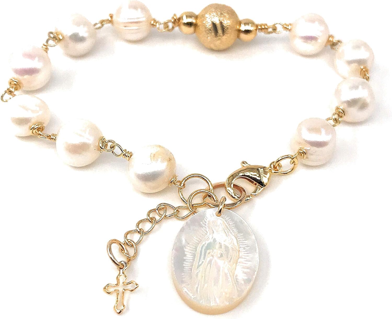 SIFRIMANIA Virgin Mary Medal Adjustable Cultured Pearl Handmade Bracelet